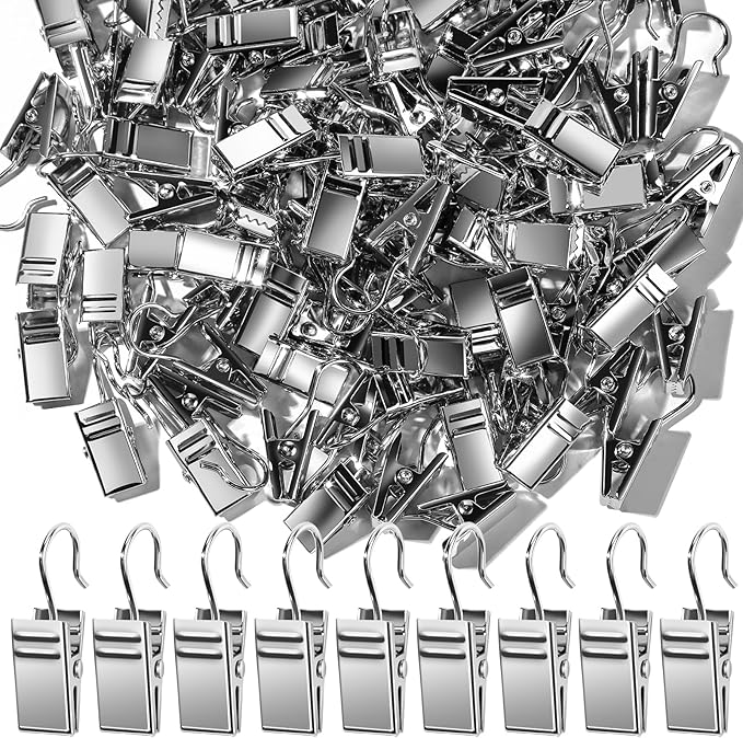 Teenitor 100 PCS Small Curtain Hooks Curtain Clips Bag Clips, Stainless Steel Curtain Rod Hooks, S Hooks for Hanging Drapes Photos Tent Lights Party Decorations Art Craft, Silver