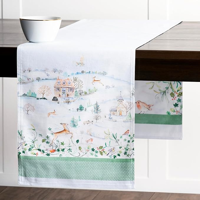 Maison d' Hermine Table Runner 100% Cotton Double Layer Table Runners 108 inches Long for Thanksgiving Christmas Decorations Home Kitchen Dining Party Wedding (Snowy World, 14.5" x 108")