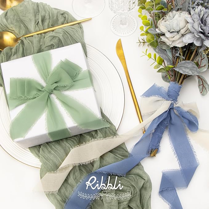Ribbli Chiffon 1.5 Inch x 30 Yard Handmade Silk Ribbon - Ivory/Sage Green/Dusty Blue Fringe for Wedding Invitations, Bridal Bouquets, Wrapping, Flower Arrangement Decoration