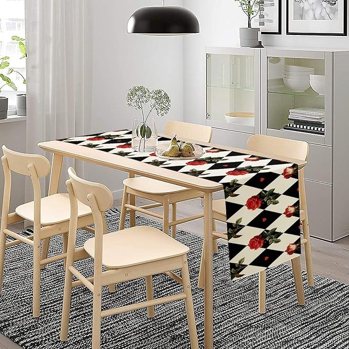 Vintage Rose Table Runner, Red Rose Hearts Black White Checkered Background Table Runner for Kitchen Dinning Table Runner Decor Home Wedding Party Holiday, 13x90 Inch