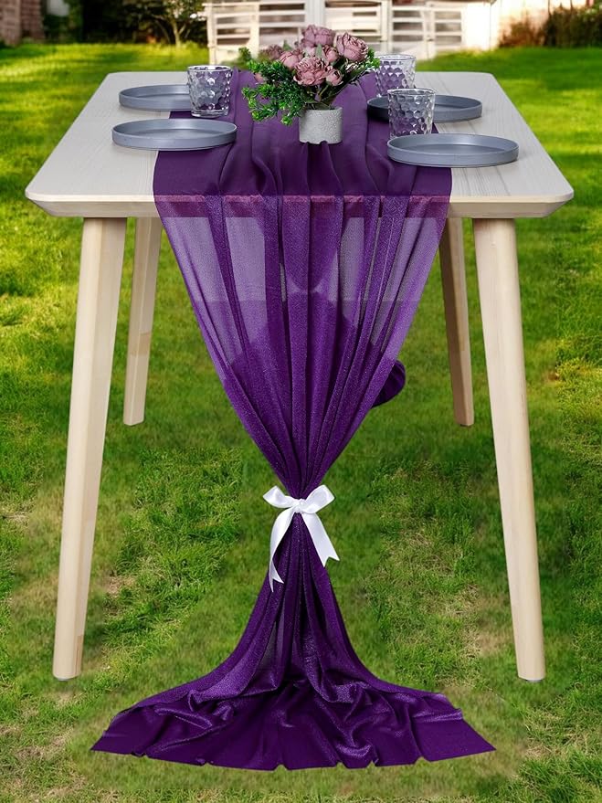MDS 20 Pack 10ft Chiffon Table Runner 29 x 120 Inches Sheer Wedding Runner Romantic Rustic Table Runner for Wedding Decorations, Birthday Parties, Bridal Shower Party Arch Decor - Cadbury Purple