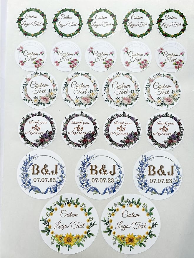 Custom Stickers for Weddings, Birthdays & Businesses - Personalized Labels with Your Logo - Waterproof, Fade and Heat Resistant - Pack of 100-1000 (Wreath R, 1.5 Inch)