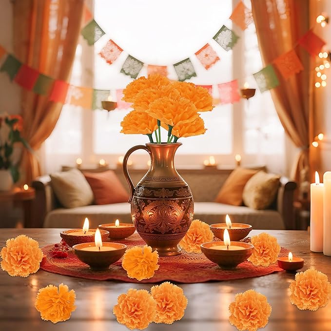 80 Pcs Artificial Marigold Flowers,2" Silk Marigold Flower Heads with Stems,Orange Flowers Artificial for Diwali Decor,Indian Wedding,Home,DIY Wreath Garland,Day of The Dead Decorations