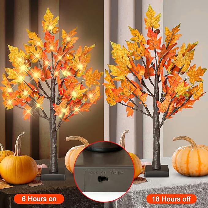 24 Inch Lighted Maple Tree with 36 Lights, 6 Acorn, Timer Battery Operated Tabletop Artificial Fall Tree for Thanksgiving Harvest Home Decor, Fall Table Centerpiece Decorations