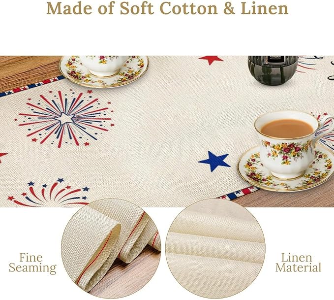 Cute Patriotic Gnomes Table Runner, American Independence Day 4th of July Gnome Blue Red Fireworks Confetti Print Table Runner for Home Kitchen Dining Table Party Decor, 13x36inch