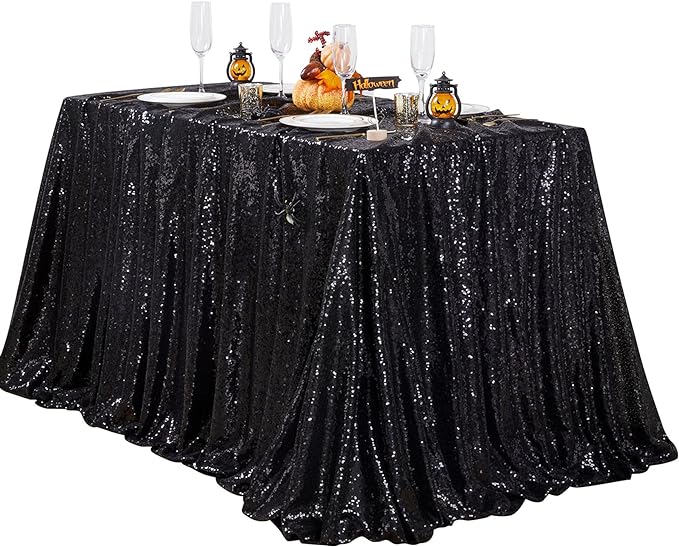 QueenDream Black Sequin Tablecloth 60" x 102" Black Table Cloth Rectangle Glitter Tablecloth for Wedding Birthday Party Ceremony Cake Dessert Table Decorations