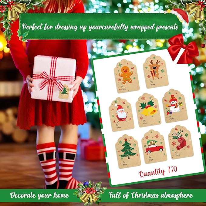 Zonon 720 Pieces Self Adhesive Christmas Gift Tag Xmas Kraft Name Tags Natural Kraft Xmas Stickers Paper Tags Labels for Christmas Decoration(Stylish Style)