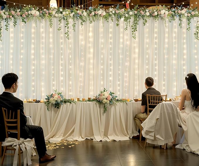 Ivory Tulle Backdrop Curtains with Lights String for Parites Wedding 20×8ft Ivory Sheer Backdrop Curtains for Baby Shower Birthday Party Photo Shoot Background Decorations(4 Panels 5ft×8ft)