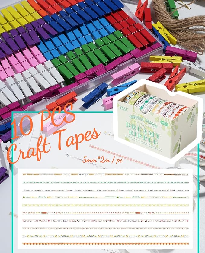 Mini Clothespins, Sopito 100 Pcs 1.4'' Strong Mini Clothespins for Photos with 10 Pcs Washi Tapes and 43 Ft Jute Twine, Colorful Wooden Small Clothes Pins for Picture, Crafts, Baby Shower