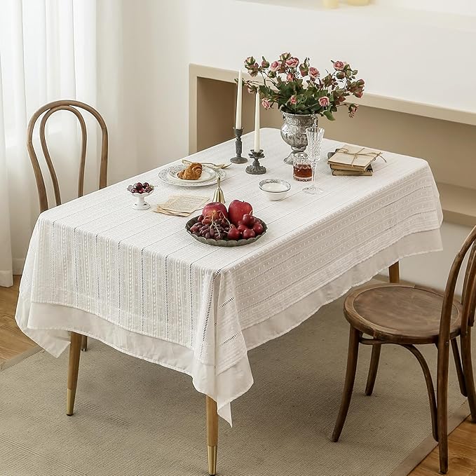 patdrea Designer Vintage Cotton White Lace Tablecloth for Rectangle Tables,French Country Cottage Embroidered Table Cloth Art Decor for Kitchen Wedding Patries Banquet Christmas,59"*75"