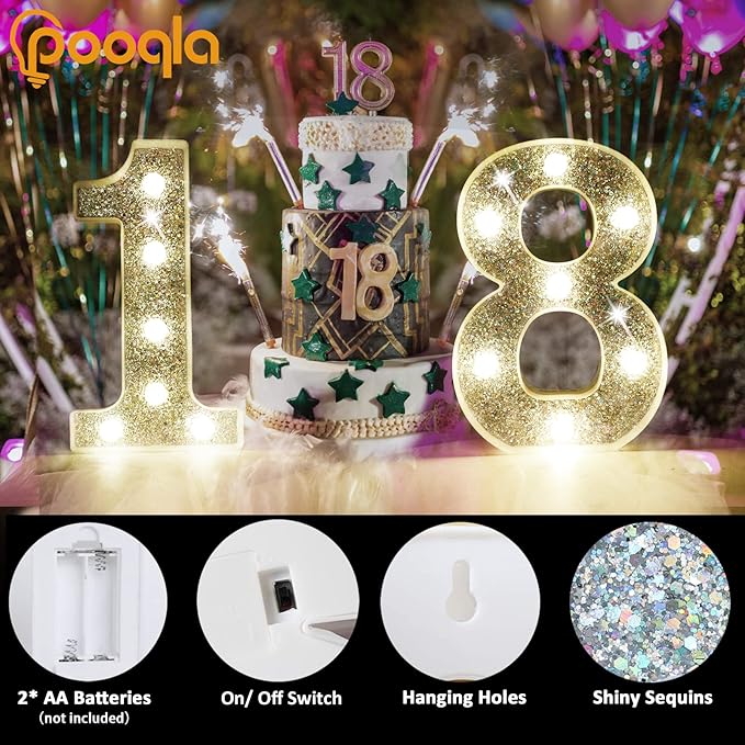 Pooqla Marquee Light up Numbers, Lighted Numbers for 2nd Birthday Decorations, Night Light Battery Powered for Silver Party Decorations, Gift for Boys Girls Christmas Wedding Home Room Decoration