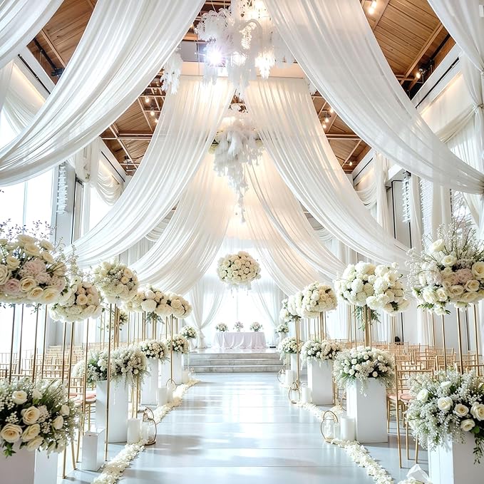 Wedding Arch Draping Fabric,2 Panels 18FT White Wedding Arch Drapes Chiffon Fabric Drapery Arch Decorations for Ceremony Reception Party Ceiling Backdrop