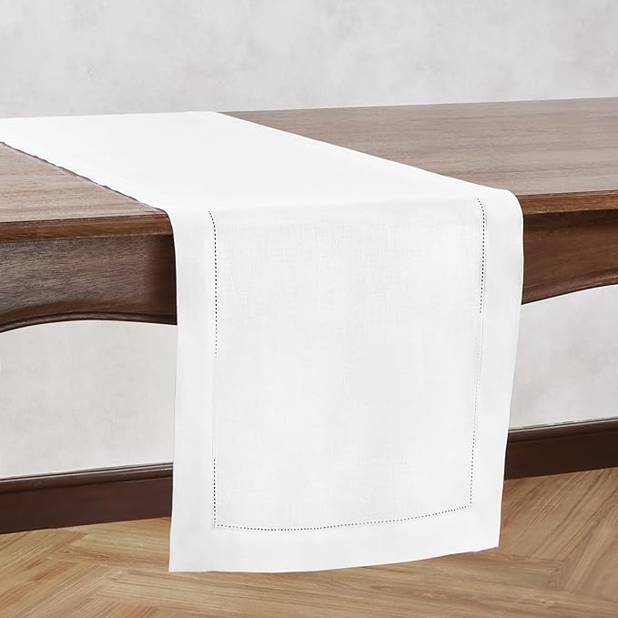 White Table Runner 72 inches Long – 100% Pure Linen Hemstitch 14 x 72 Inch Table Runner for Dining, Spring, Summer, Wedding Decorations, Gift – Elara