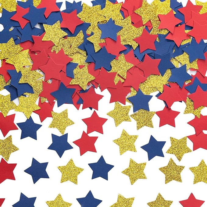 MOWO Gold Blue and Red Star Confetti Table Decoration for 4th July Graduation Retirement Theme Party,1.2 inch in Diameter,200 Counts