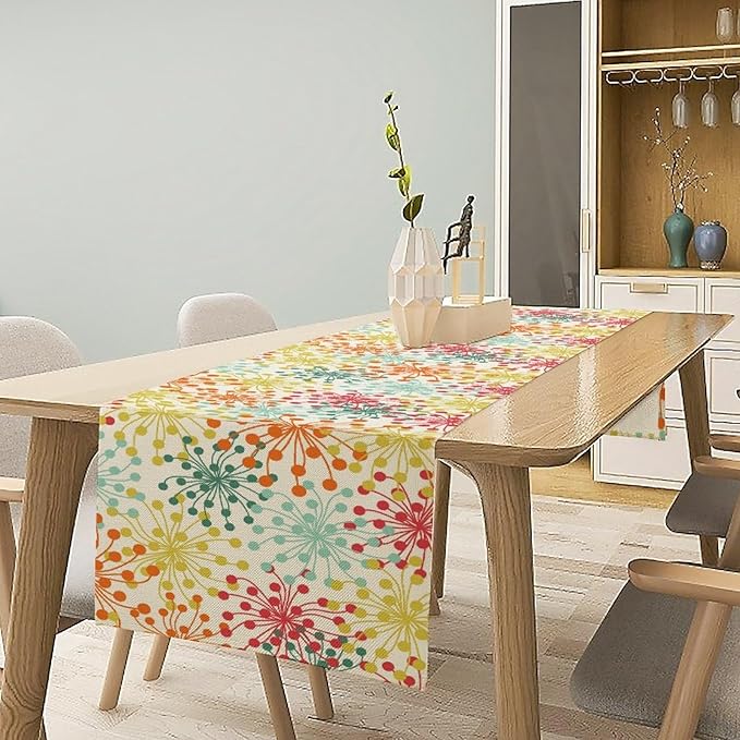 Mid Century Flower Table Runner, Colorful Geometric Abstract Chrysanthemum Vintage Farmhouse Decorations Orange Yellow Gray Table Runner for Kitchen Dining Holiday Party Decor, 13x70 Inch