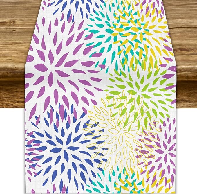 Purple Flowers Table Runner, Chrysanthemum Dahlia Vintage Modern Colorful Spring Summer Elegant Table Runner for Party Kitchen Dining Living Room Laundry Room Decor, 13x108 Inch
