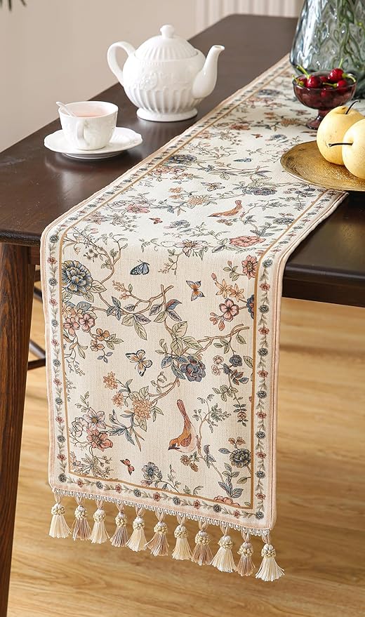 ISAENNE Designer Linen Table Runner 71 Inches Long,Elegant Floral Bird Pattern Table Runners for Dining Room,Farmhouse Rustic Kitchen Decor,Thanksgiving,Christmas,12"*71"-Cornucopia