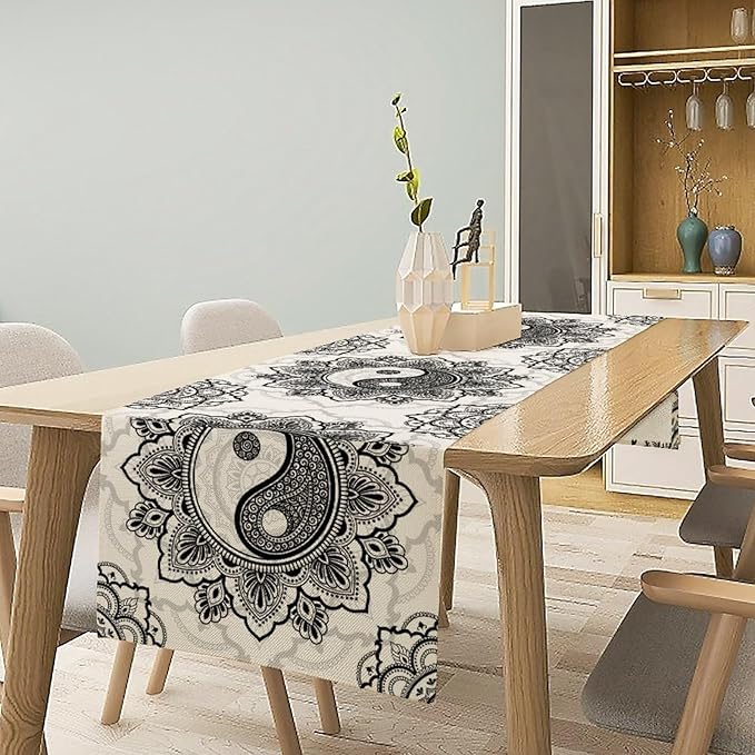 Yin Yang Table Runner, Bohemian Mandala Vintage Black White Traditional Oriental Floral Print Table Runner for Home Kitchen Dining Table Wedding Party Decor, 13x108inch