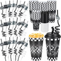 Yungyan 24 Sets Checkered Flag Party Favors Goodie Cups with Lids and Straws for Birthday Decorations Reusable 16oz Plastic Candy Cups Plastic Straws for Birthday Party (Checkered Flag)