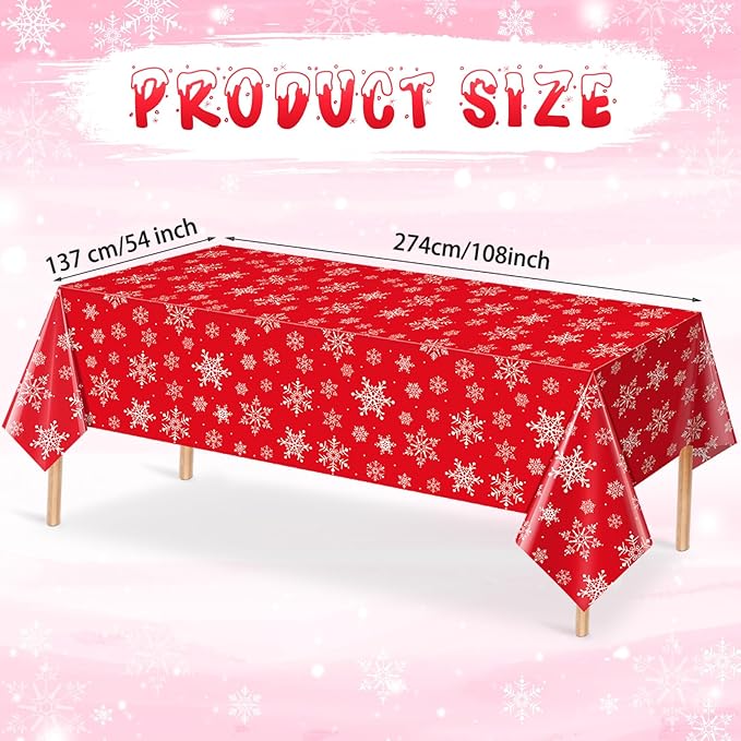Jectivs 6 Pieces Christmas Snowflake Plastic Party Tablecloth Decorations,White Snowflake Red Xmas Backdrop Sign Table Cover Banner for Winter Christmas Holiday Party Supplies,54x108 inch (Red)