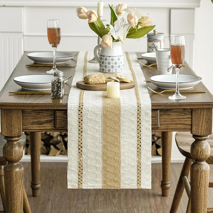 Artoid Mode Burlap Brown Farmhouse Woven Rustic Table Runner, Seasonal Holiday Hollow Kitchen Dining Table Decoration for Home Party Decor 12x48 Inch