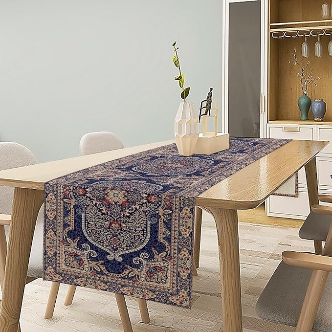 Boho Floral Vintage Table Runner, Blue Purple Retro Flower Rustic Country Farmhouse Pattern for Home Kitchen Table Decor Dining Coffee Room Party Decor 13x120in