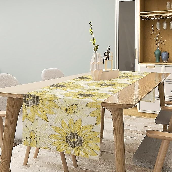 Chrysanthemum Vintage Floral Table Runner, Elegant Grunge Gray Sunflower Spring Summer Elegant Pattern Artichokes Flower Table Runner for Party Kitchen Dining Living Room Decor, 13x70 Inch