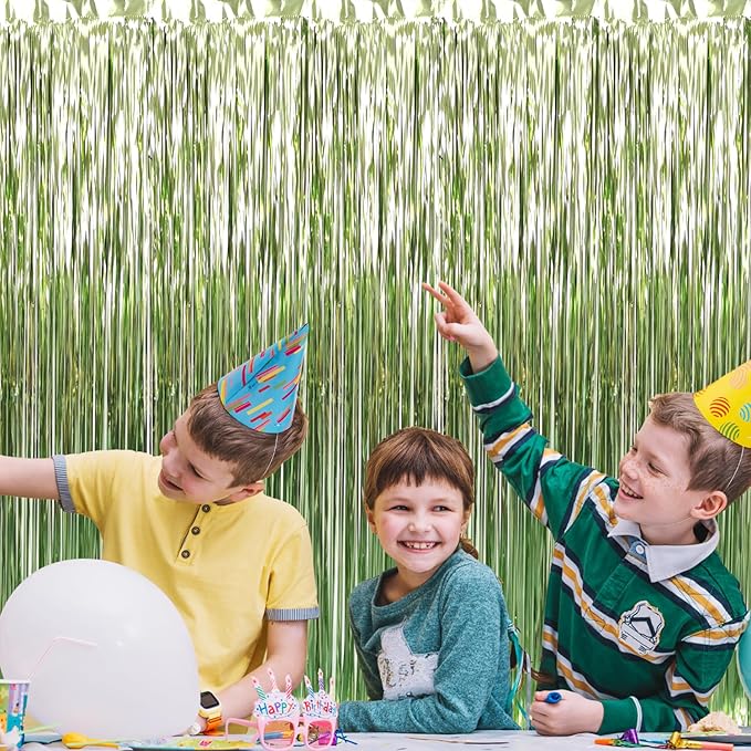 GOER 3.2 ft x 8.2 ft Metallic Tinsel Foil Fringe Curtains Party Photo Backdrop Party Streamers for Birthday,Graduation,New Year Eve Decorations Wedding Decor (3 Pcs,Sage Green)