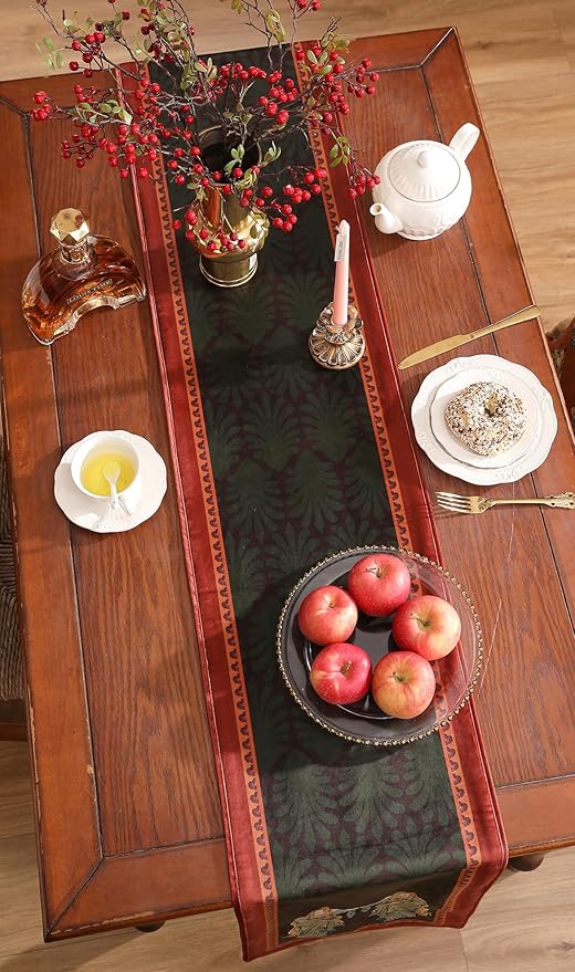 patdrea Designer Mysterious Oil Painting Figures Velvet Table Runner, Brown Green with Palm Frond Pattern Table Mat, Decoration for Kitchen Dining Coffee Table Cabinet Banquet Thanksgiving,12"*102"