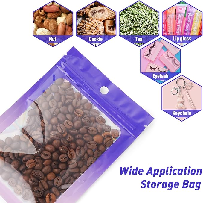 Funfery 100 Pack Gradient Holographic Bags,Mylar Resealable Bags with Zipper,Clear Window Packaging Pouchs,Foil Smell Proof Bag for Food Storage,Sample Jewelry Baggies(6.3x9.4In,Purple Pink)