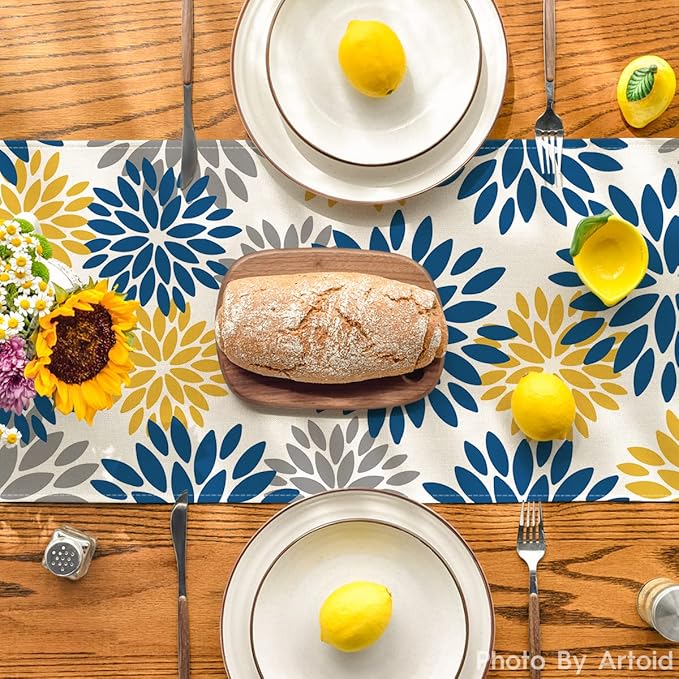 Artoid Mode Blue Dahlia Floral Pinnata Summer Table Runner, Spring Kitchen Dining Table Decoration for Home Party Decor 13x90 Inch