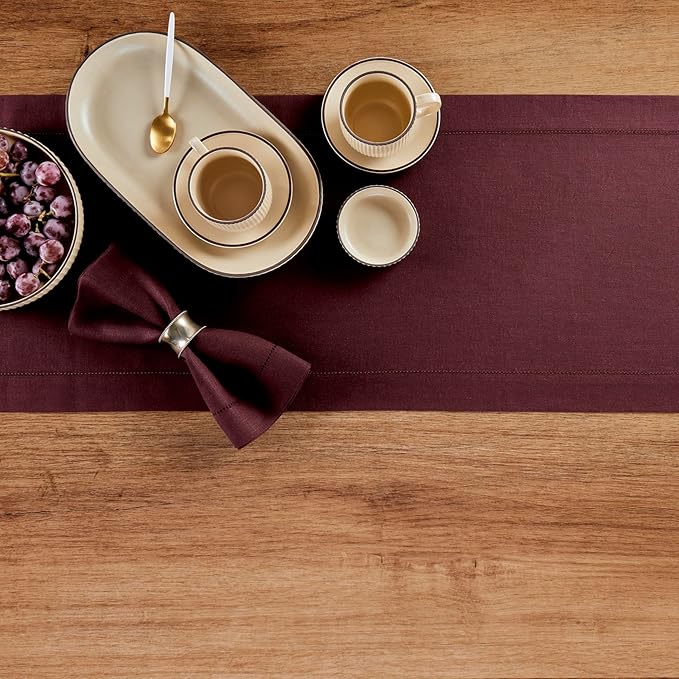 Solino Home Linen Table Runner 36 Inches - 100% Pure Linen Burgundy Hemstitch Table Runner 14 x 36 Inch Ideal for Dresser and Coffee Tables - Fall, Autumn, Thanksgiving, Holiday - Classic Hemstitch