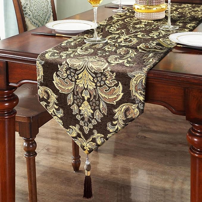 Embroidered Dark Brown Table Runners 120" Boho Thick Chenille Gold Floral Pattern for Party Decor