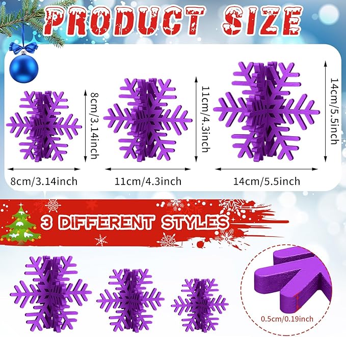 Bucherry 12 Pcs Wooden Snowflake Table Decor 3D Snowflake Tabletop Signs and Centerpiece for Christmas Xmas Winter Wonderland Decorations Home Party(Purple)