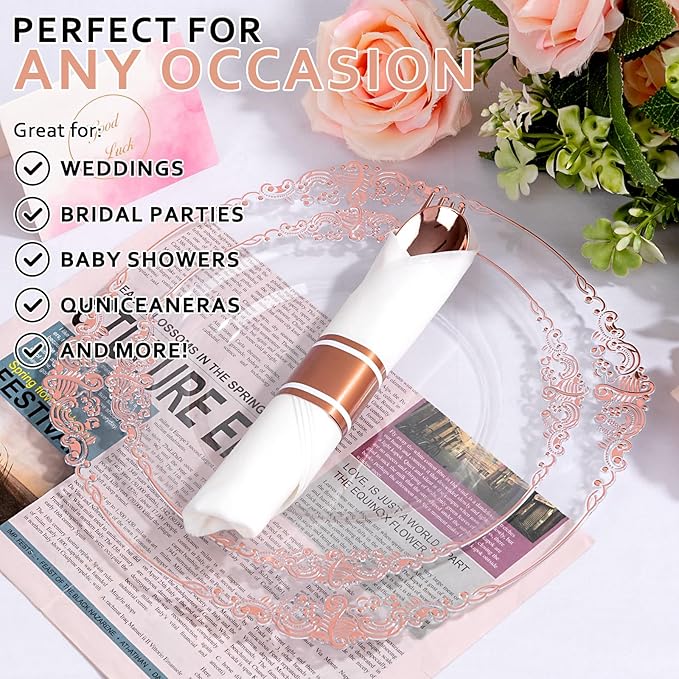 50Guests Pre Rolled Rose Gold Plastic Silverware Sets - Heavy Duty Rose Gold Cutlery - Include 50 Pack Wrapped Disposable Utensils with Napkins for Parties, Dinners & Weddings