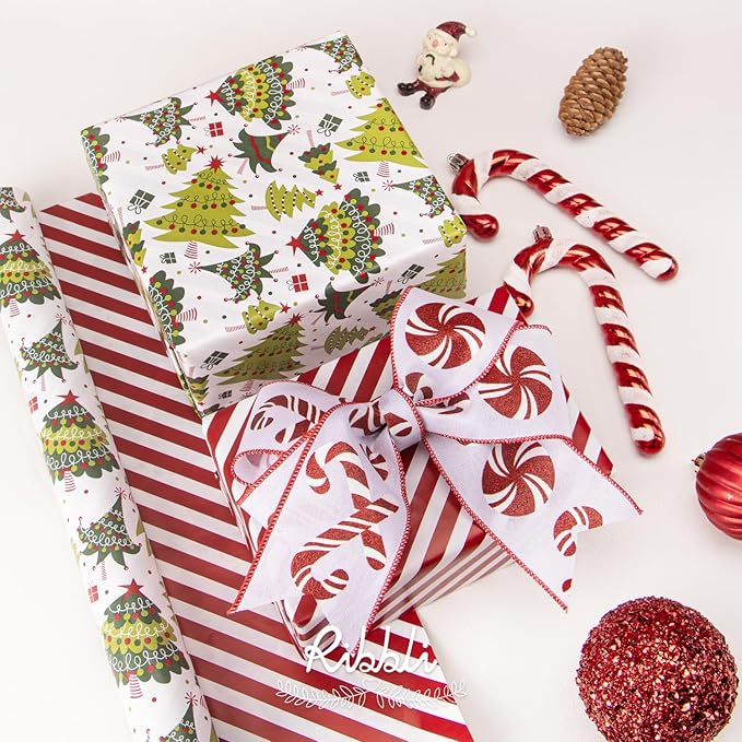 Ribbli Christmas Wrapping Paper Reversible Christmas Tree and Red White Stripe Gift Wrapping Paper-17 Inch x 33 Feet Per roll