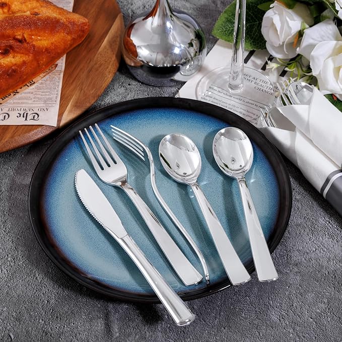 400PCS Wrapped Silver Plastic Silverware Sets - Heavy Duty Plastic Silverware Include Pre Rolled Disposable Utensils with Napkins for Parties & Dinners & Weddings