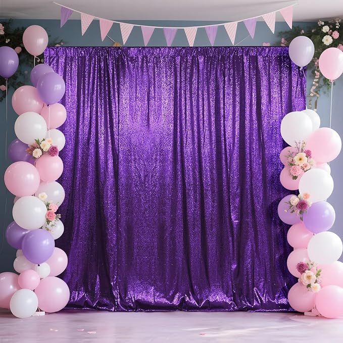 SquarePie Sequin Backdrop Curtain Not See Through Thick Glitter Background for Party 8FT x 10FT Purple