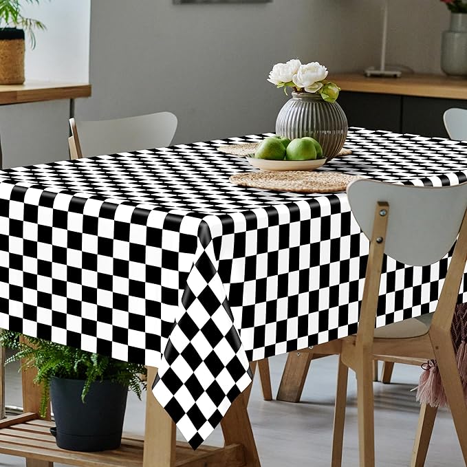 QZYL 4Pack Plastic Table Cloth Disposable, 54" x 108" Waterproof Tablecloths Rectangular, Black and White Checkered Table Cover for Picnic Birthday Party Supplies Outdoor Gathering BBQ Holiday Dinner