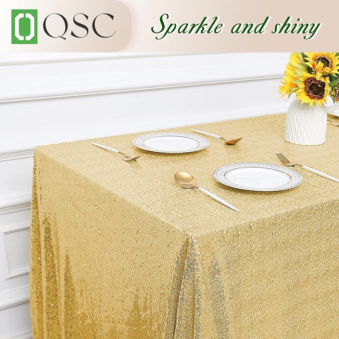 OQSQ Gold Sequin Tablecloth 50x80 inch, Glitter Drape Table Cloth, Sparkle Sequence Table Overlays for Thanksgiving Day Wedding Birthday Party Baby Bridal Shower