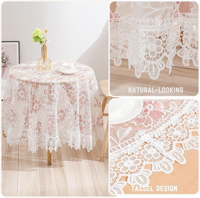 Round Embroidered Lace Tablecloth Vintage Decorative Exquisite Border Table Cover for Party Wedding Home Decorations, Round-60, White