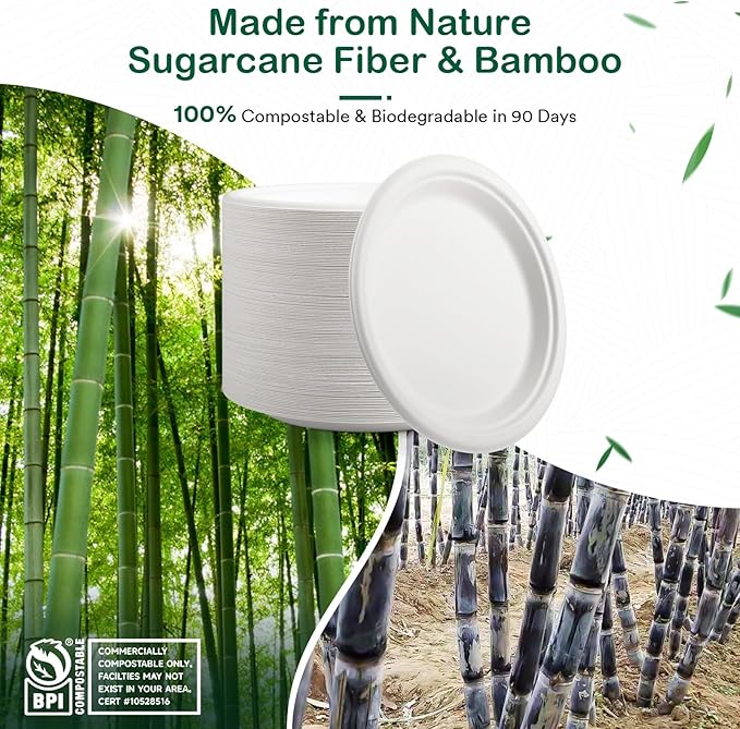 𝟗 𝐈𝐧𝐜𝐡, 𝟏𝟐𝟖-𝐏𝐚𝐜𝐤 Compostable Paper Plates, Heavy-Duty Biodegradable Disposable Dish Made from Bagasse, Perfeck for Snacks, Desserts, Party, Wedding and More (White)