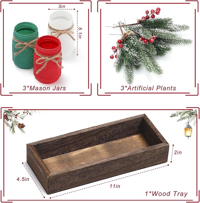 Winter Mason Jars, Winter Centerpieces for Tables, Wood Tray & 3 Painted Decorative Jars, Christmas Table Centerpieces Decoration, Farmhouse Dining Table Kitchen Decorations Home Decor