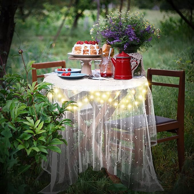10 ft 4 x 120 Inch White Wedding Tulle Table Skirt with LED Lights White Pearl Chiffon Birthday Table Runner Tulle Sweetheart Decor Pearl Arch Decorations Outside Baby Shower Ceremony (Plug in Type)