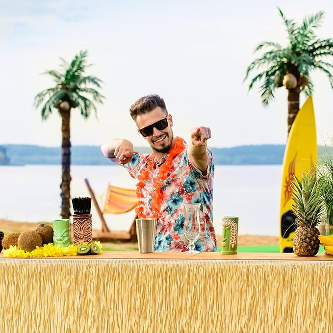 Fovths 4 Packs Luau Grass Table Skirt Fringe Straw Grass Skirt 108 x 30 Inch Hibiscus Hawaiian Table Skirts Rectangle Tropical Luau Party Decorations for Hawaiian Luau Decorations