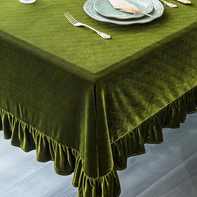 Velvet Tablecloth Luxurious Solid Rectangle Table Cloth,Oblong Retro Farmhouse Ruffle Tablecloths Washable Table Cover for Party Olive Green,52x70 Inches