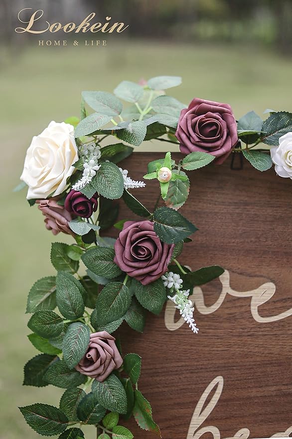 Lookein Artificial Rose Flower Garland Greenery Garland 5FT for Wedding Ceremony Backdrop Arch Flowers Table Centerpieces Decorations, Cream Plum