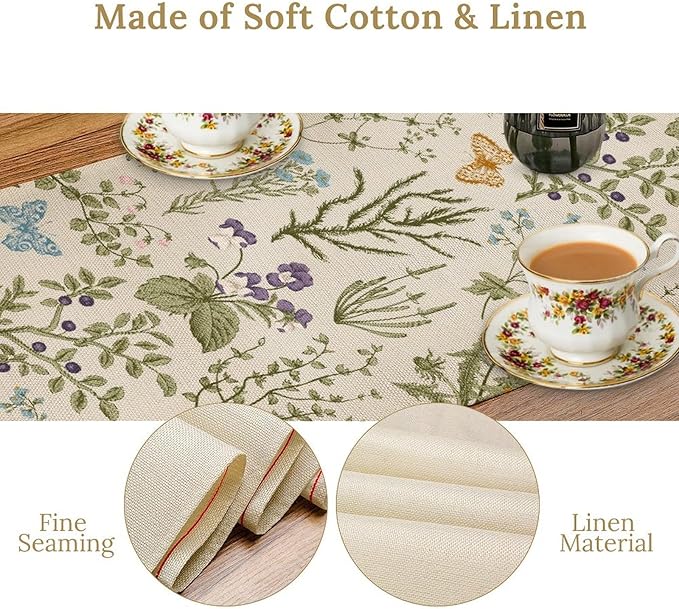 Floral Table Runner,Wildflower Spring Table Runner Seasonal Summer Butterfly Kitchen Dining Table Decoration for Home Party 13x36 Inch