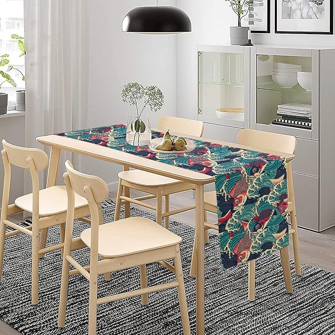 Kio Fish Table Runner Waves Japanese Tradition Art Printed Burlap Runner Home Kitchen Dining Table Living Room Decor Fabric 1 Panel W13xL70in