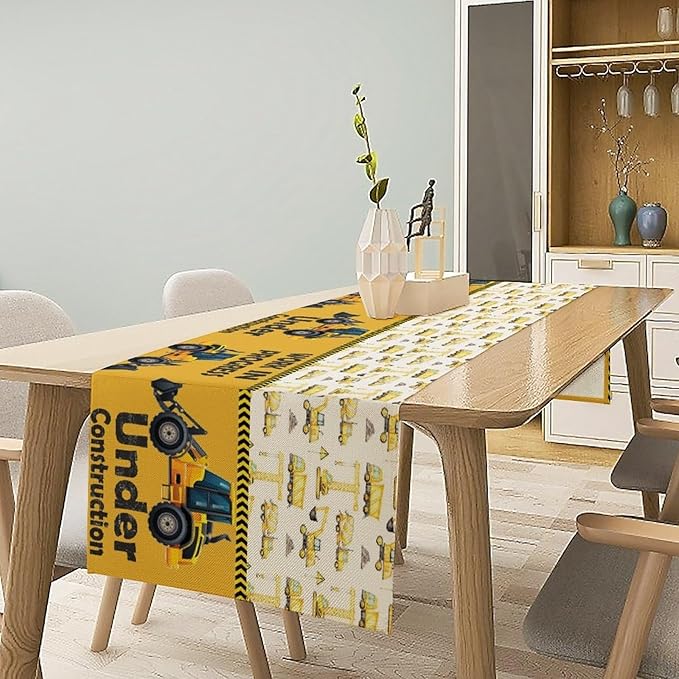 Cartoon Car Table Runner,Boys Kids Construction Vehicles Truck Yellow Print Tablecloth Burlap for Hotel Indoors Outdoor Dining Room Kitchen Home Decor,W13X L70 in